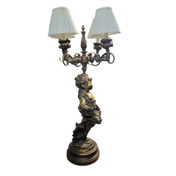 Vintage Metal Cherub Angel Bronze Candelabra Table Lamp White Shades - Picture 5 of 10